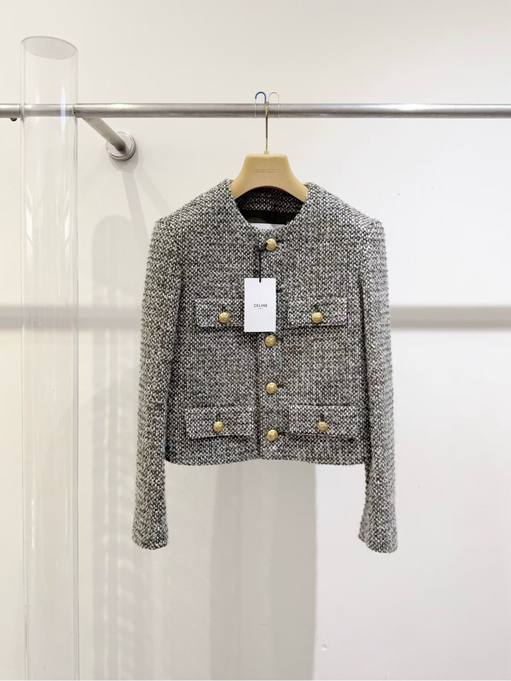 Celine Black & White Tweed Cropped Jacket with Gold Buttons